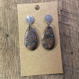 Gray Tiger’s Eye in Matrix Stone Tear Drop Stud Back Earrings